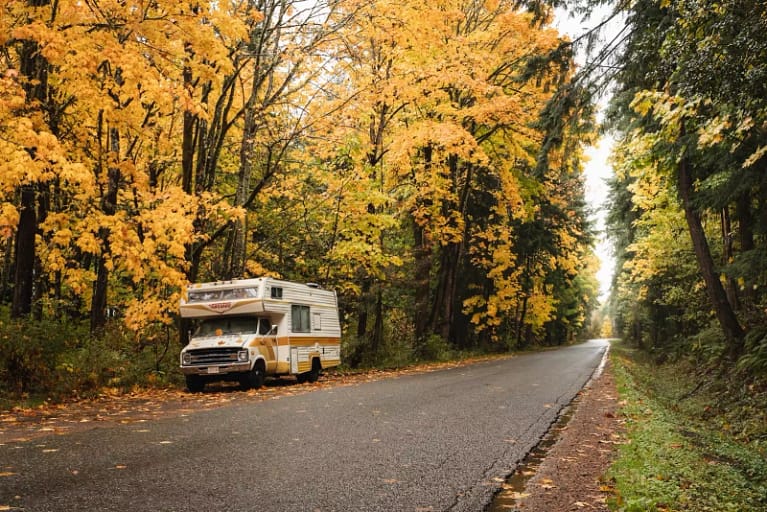 Yellow and white RV on side of empty road with autumn forest leaves