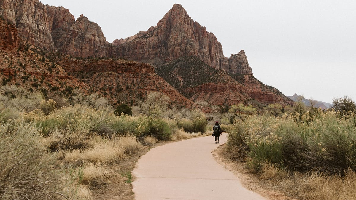 A woman on a hiking, walking, or backpacking trail in an area of Zion National Park. Photo by Blaire Harmon.