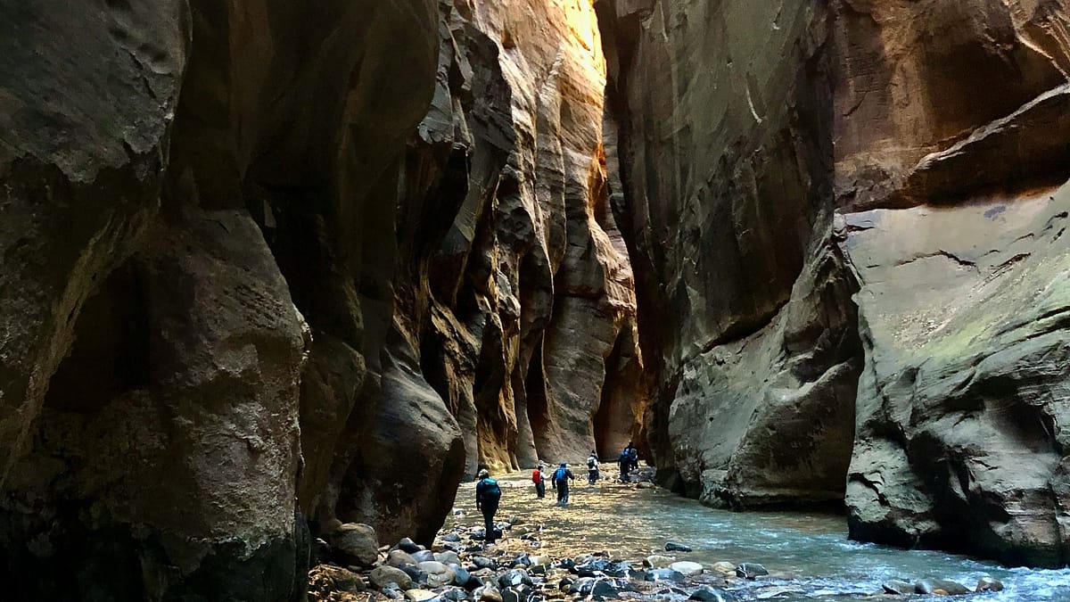 A small group of people hiking and backpacking through the Zion Narrows in Utah. Photo by Gary Runn.