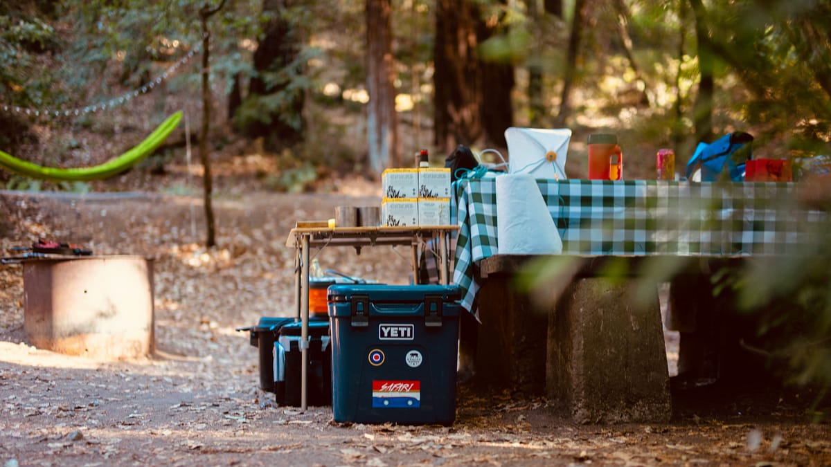 A neat campsite etiquette in the woods, with a checkered table cloth on the camp table, and everything neatly packed in proper containers. Photo by Reuben.