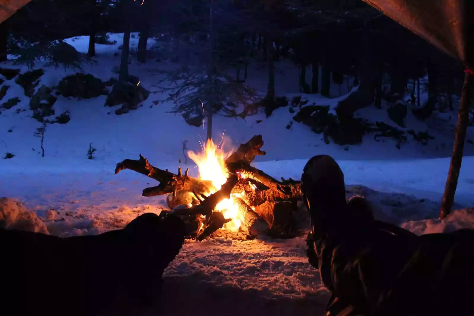 Two sets of legs and feet in winter camping gear are silhouetted in front of a roaring orange campfire, framed by a tent door.