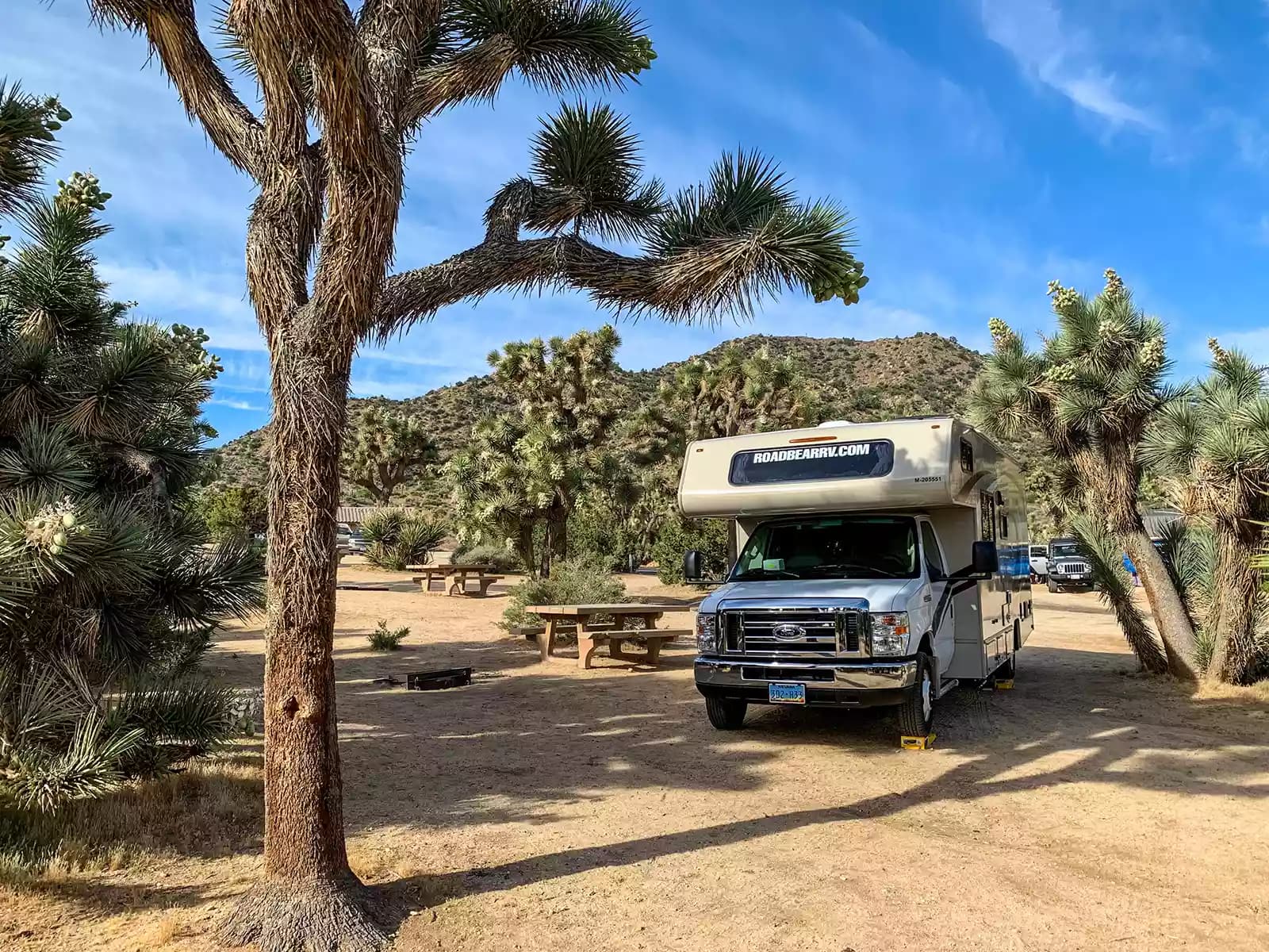 Black and white RV parked in desert campground